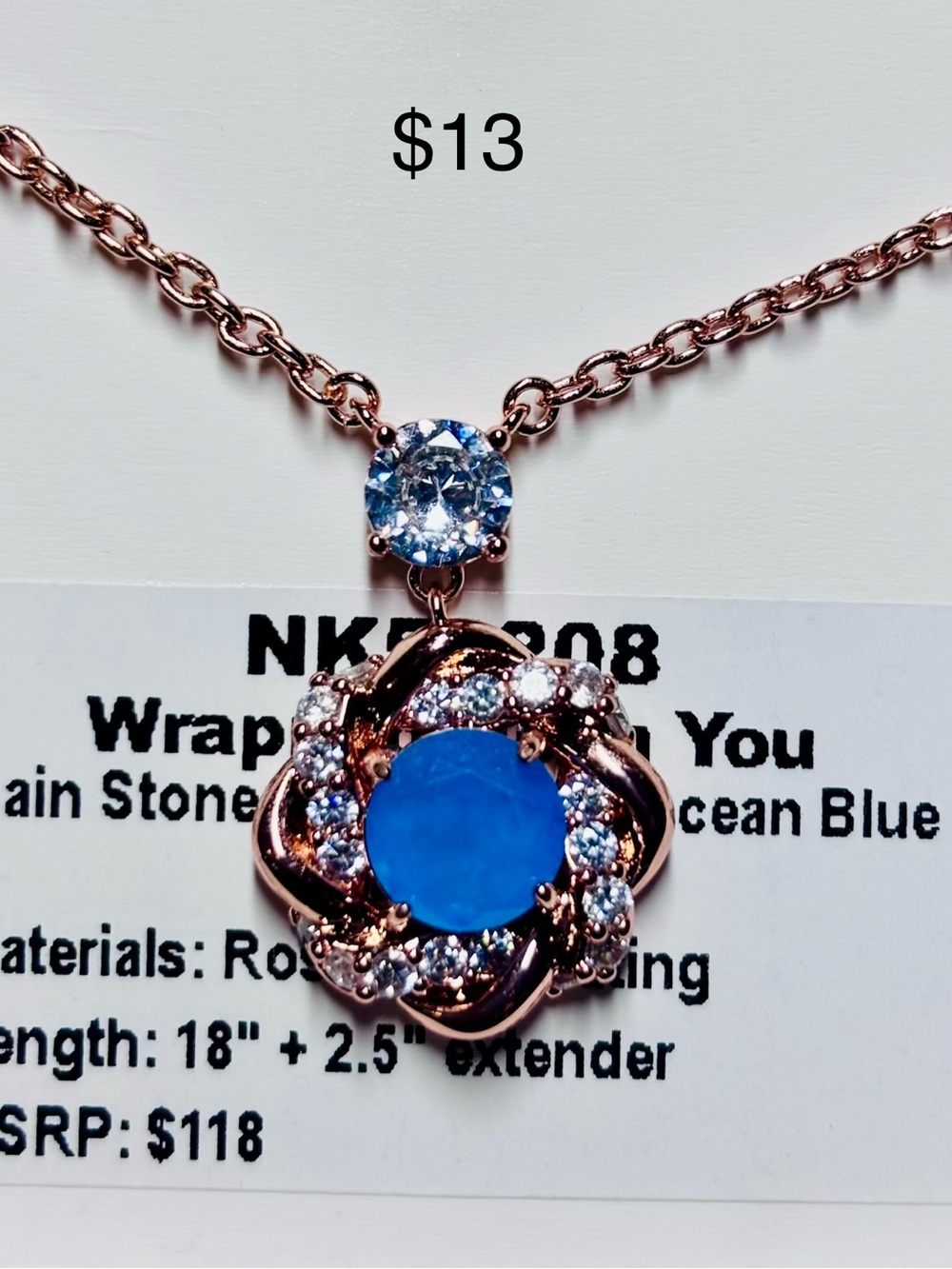 Ocean Blue Floral Crystal Pendant Necklace - Rose Gold Tone
